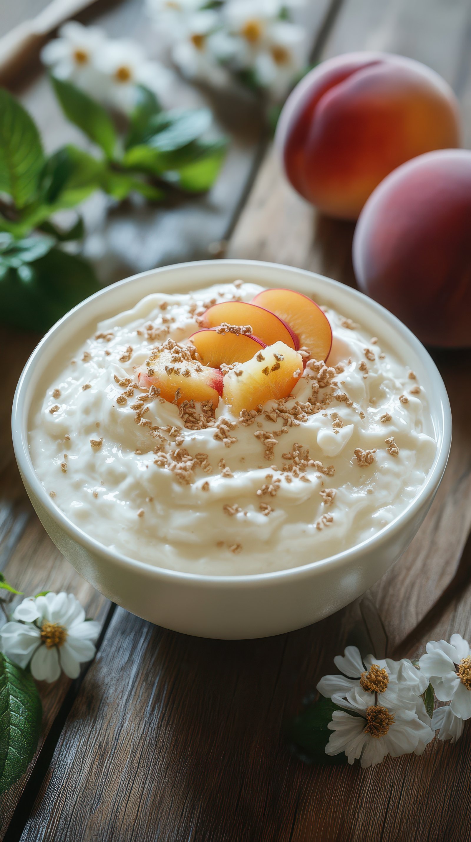 Creamy yogurt bowl topped with fresh peaches and crunchy granola in a rustic setting